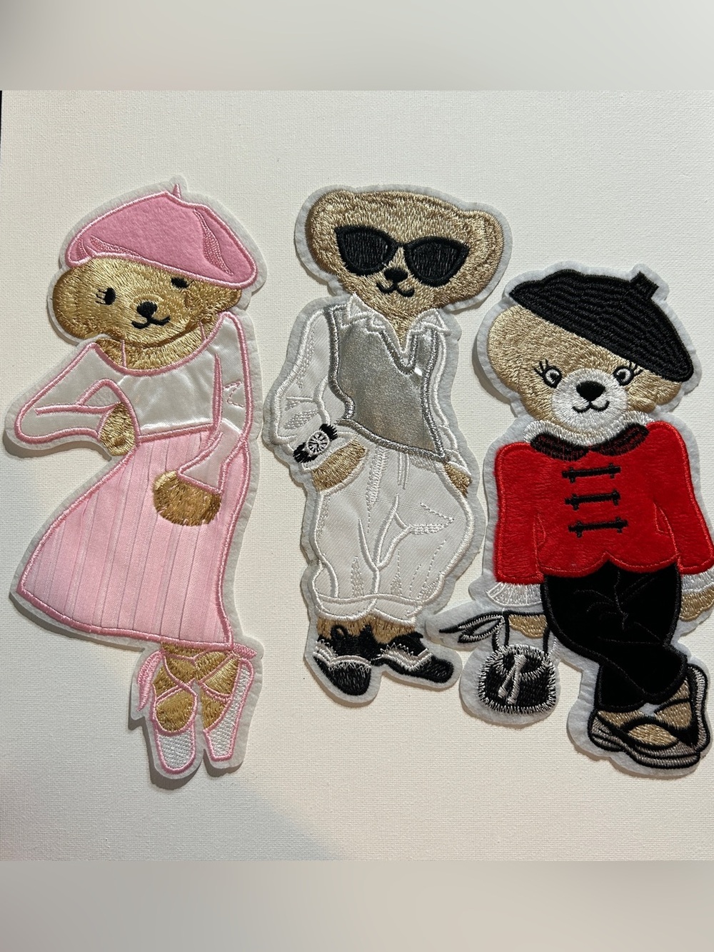 Ralph Lauren Cute Bear Fashion Sew On Patches – Pink, Red, Silver Set